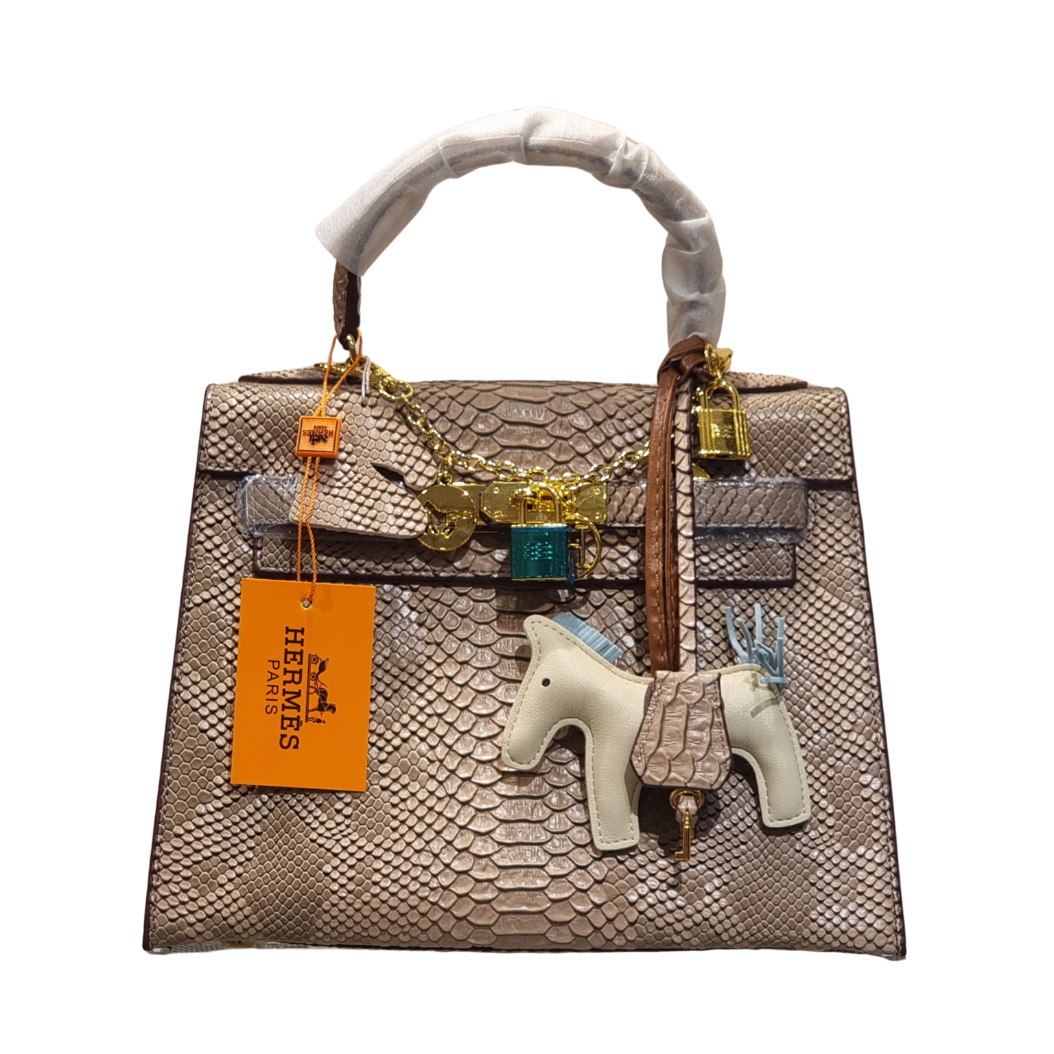 Hermès Kelly 25 Red Matte Python Leather Bag with Horse Charm and Gold Hardware