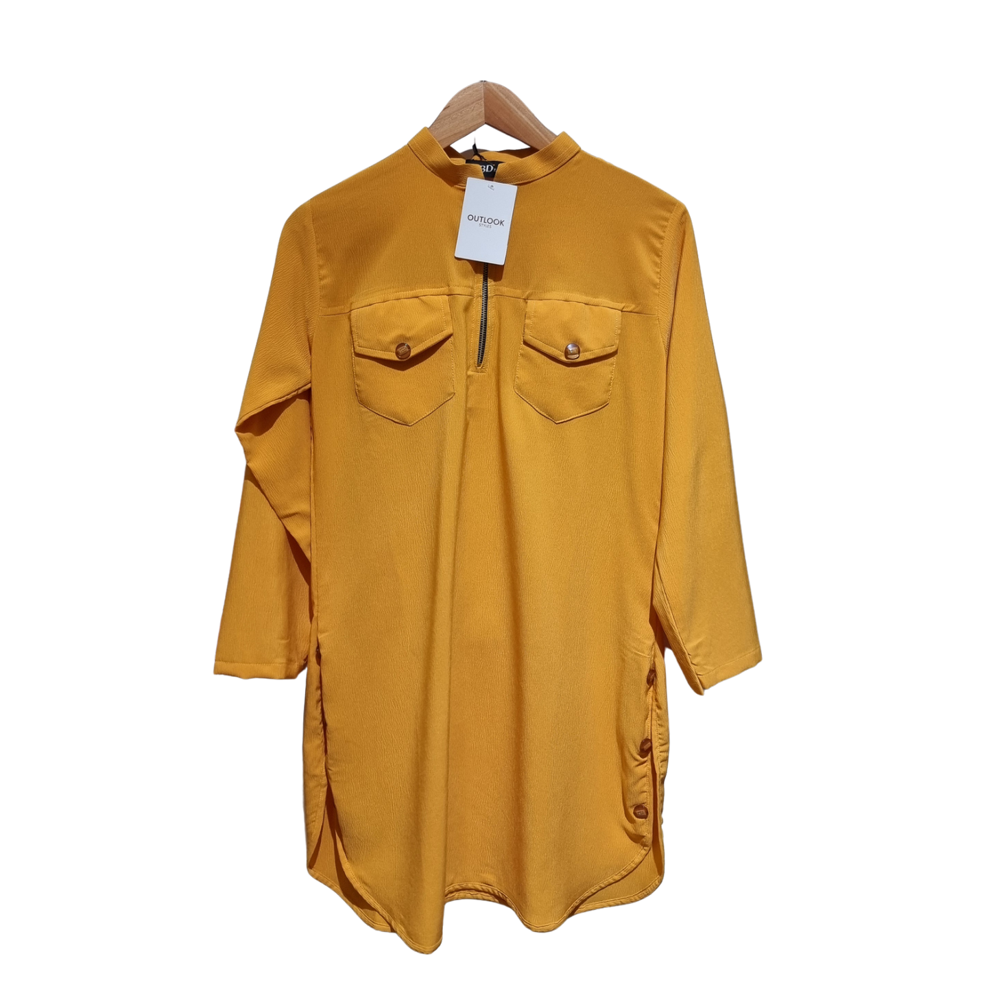 Elegant Mustard Yellow Modest Co-Ord Set – Zipper Neck Tunic Top with Wide Leg Pants U(0296)