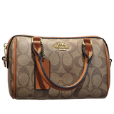 Coach Mini Rowan Satchel in Signature Canvas and Tan Leather with Gold Hardware
