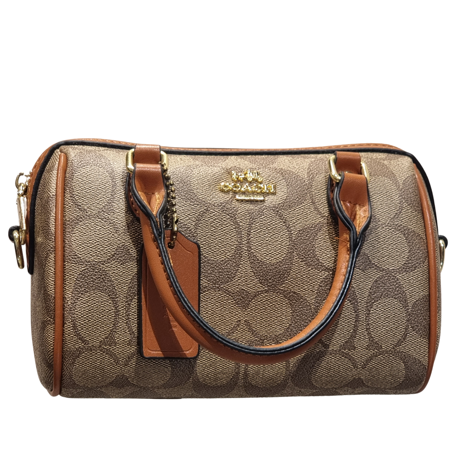 Coach Mini Rowan Satchel in Signature Canvas and Tan Leather with Gold Hardware