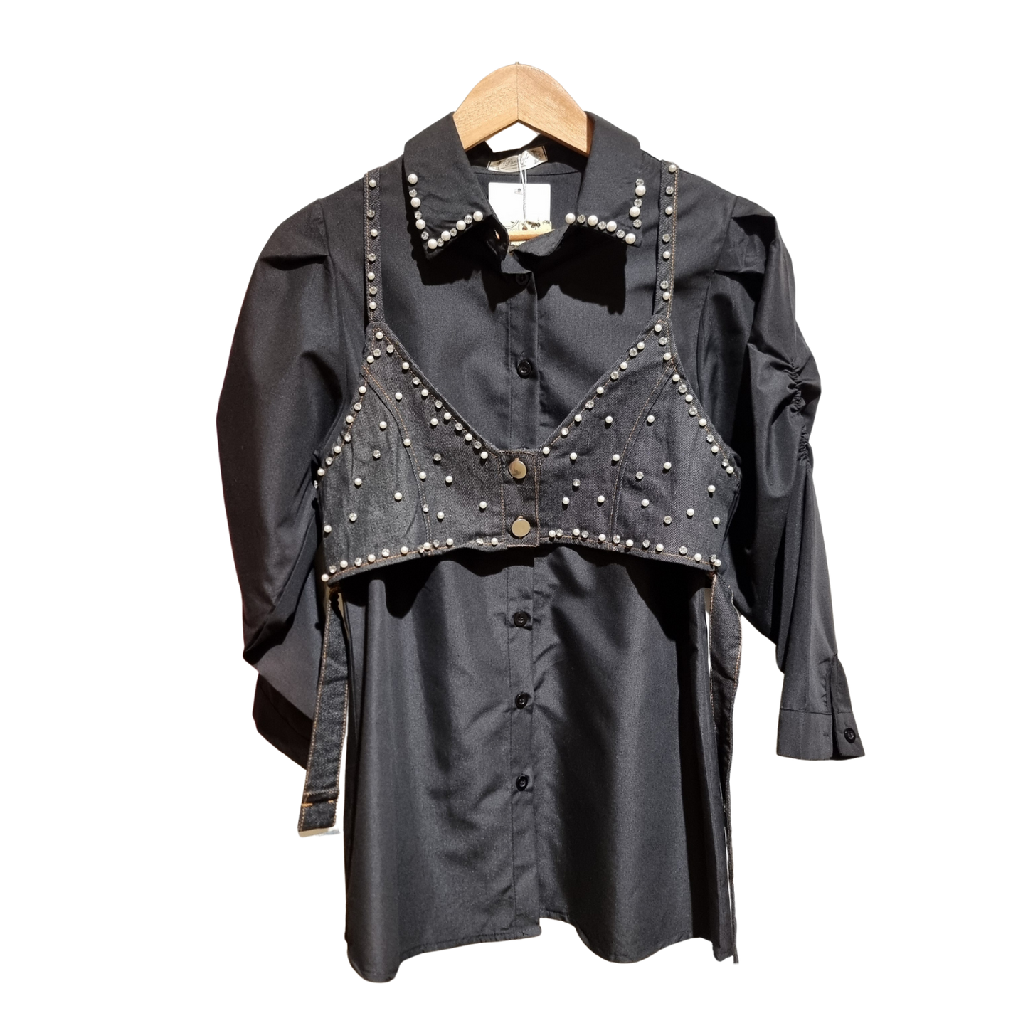 Pearl-Embellished Layered Shirt Set