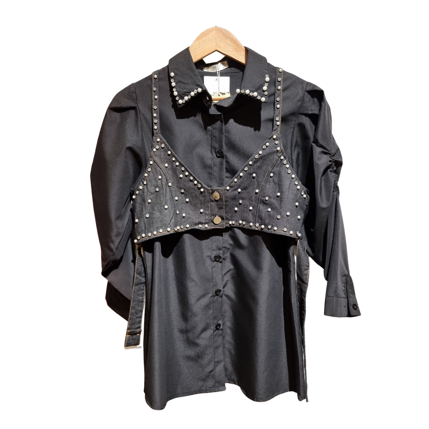 Pearl-Embellished Layered Shirt Set