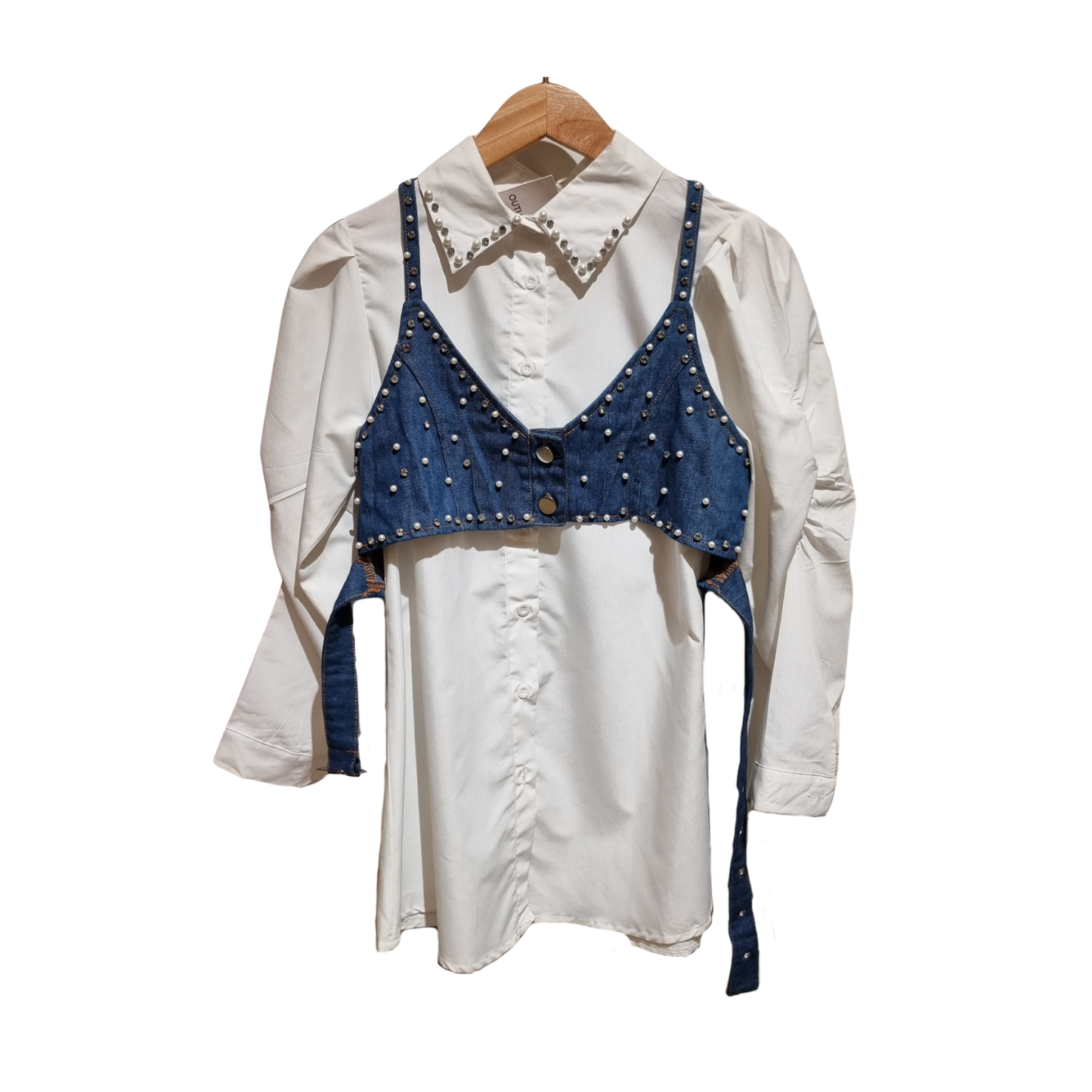 Pearl-Embellished Layered Shirt Set