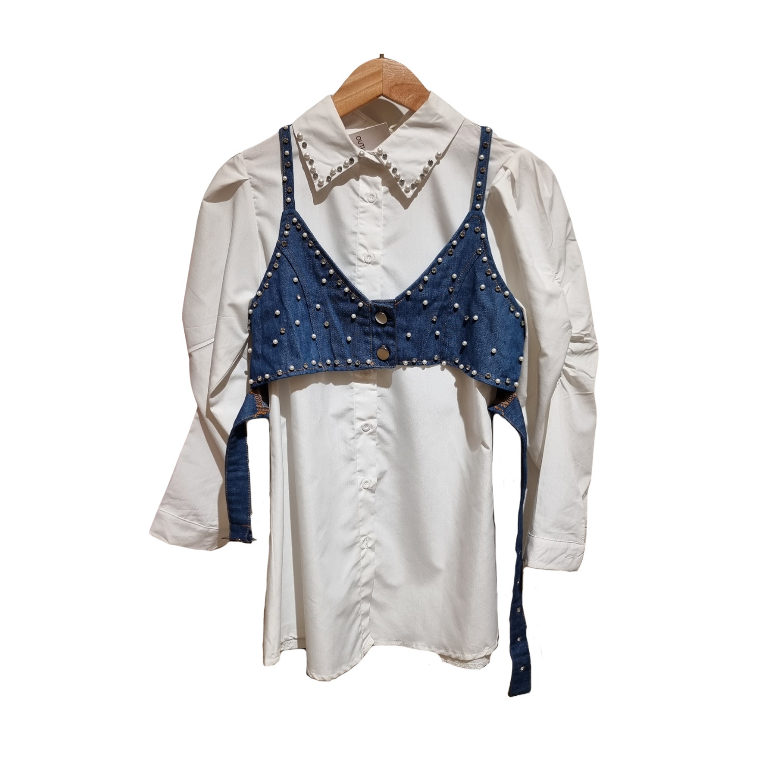 Pearl-Embellished Layered Shirt Set