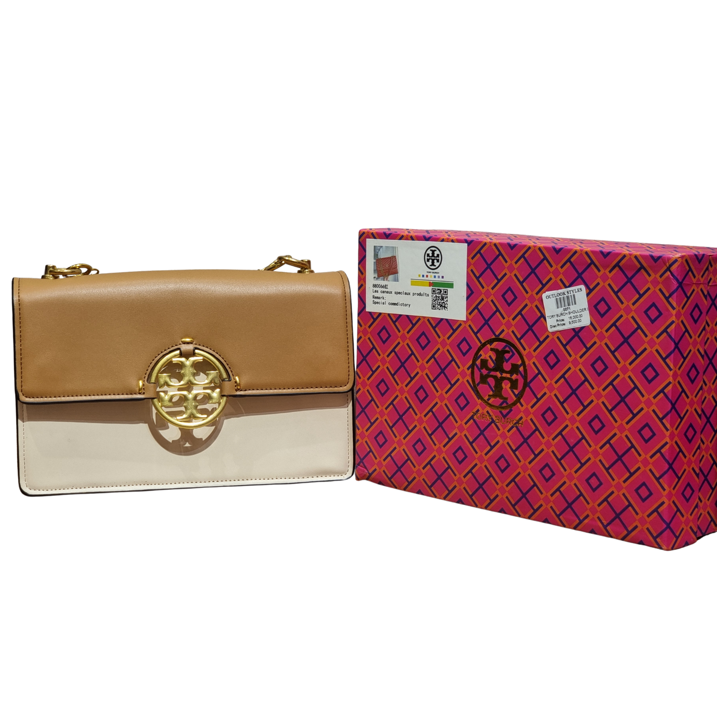 Tory Burch Two-Tone Leather Flap Shoulder Bag with Gold Logo
