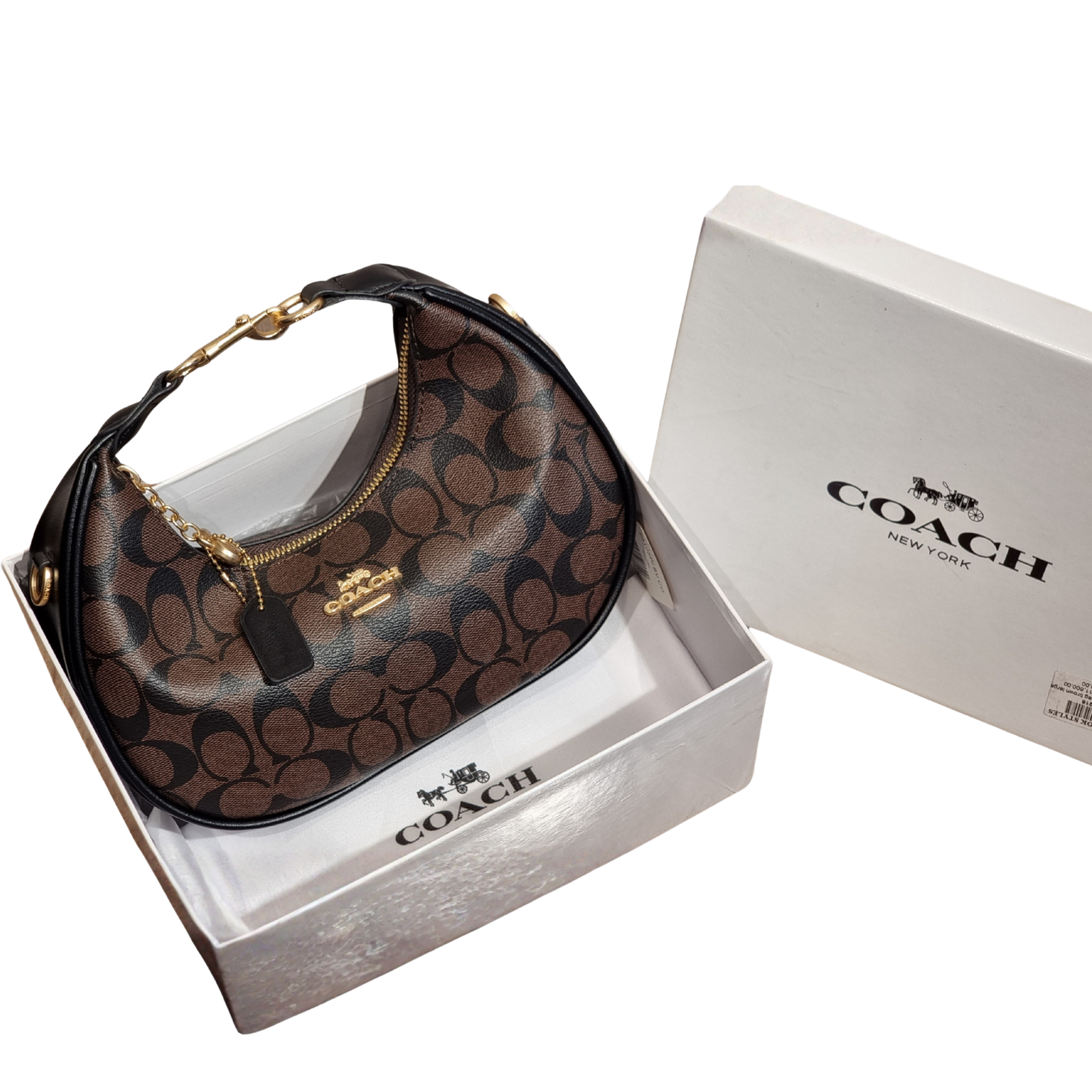 Coach Brown/Black Signature Monogram Crescent Shoulder Bag