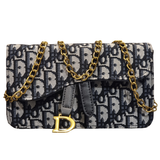 Christian Dior Navy Blue Oblique Jacquard Saddle Wallet on Chain with Gold Hardware