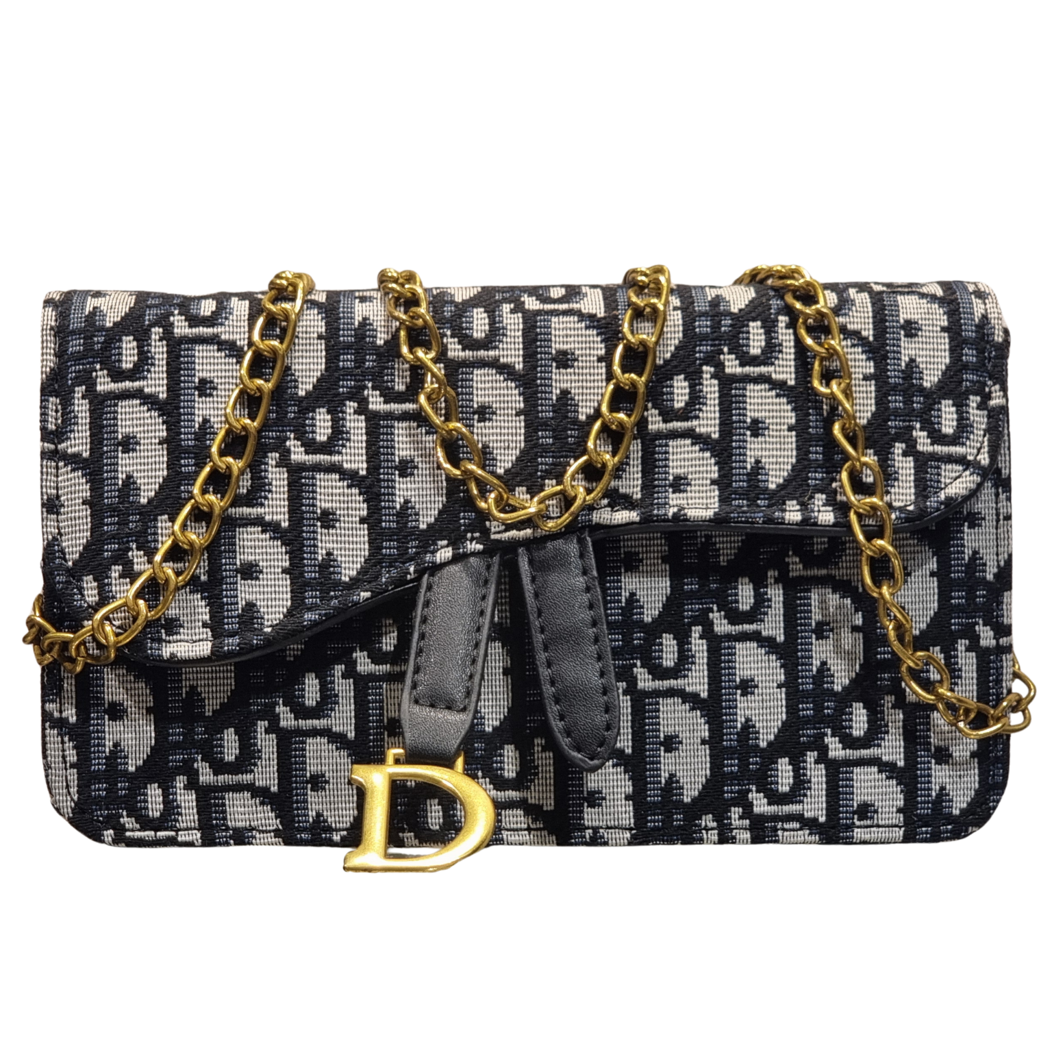 Christian Dior Navy Blue Oblique Jacquard Saddle Wallet on Chain with Gold Hardware