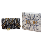 Christian Dior Navy Blue Oblique Jacquard Saddle Wallet on Chain with Gold Hardware