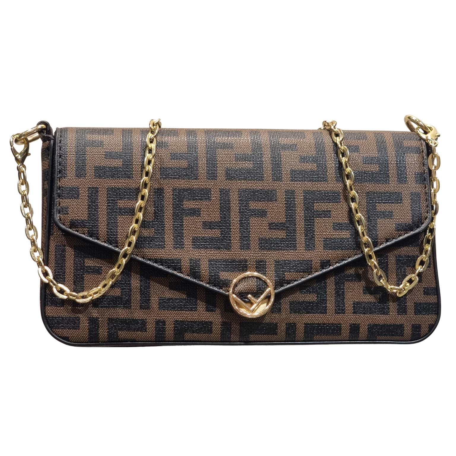 Fendi Baguette in Brown FF Zucca Canvas with Gold Chain