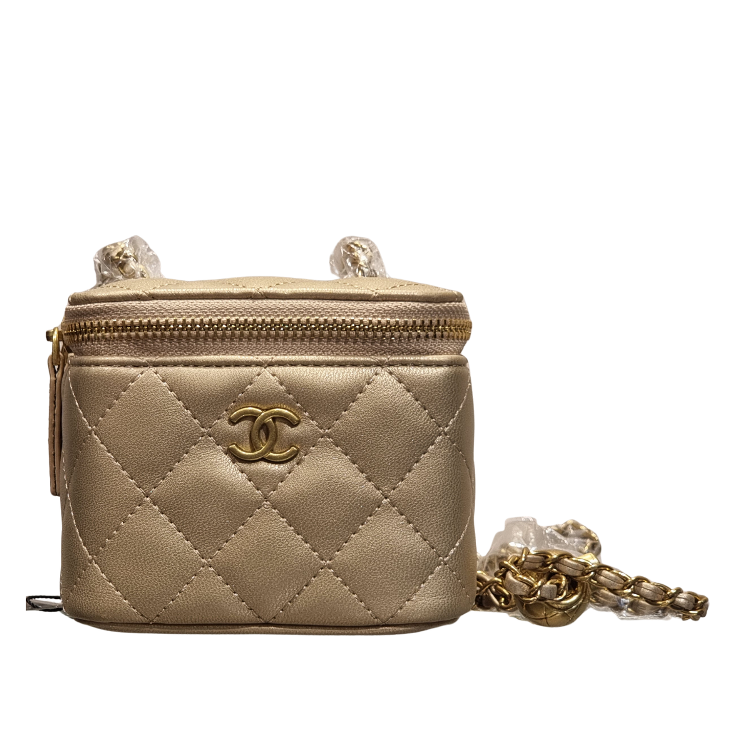 Chanel Metallic Champagne Quilted Leather Mini Vanity Case Crossbody Bag