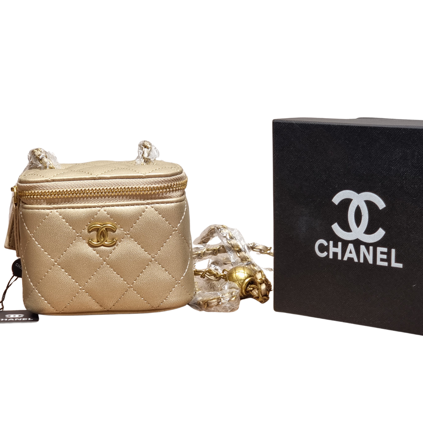 Chanel Metallic Champagne Quilted Leather Mini Vanity Case Crossbody Bag