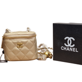 Chanel Metallic Champagne Quilted Leather Mini Vanity Case Crossbody Bag