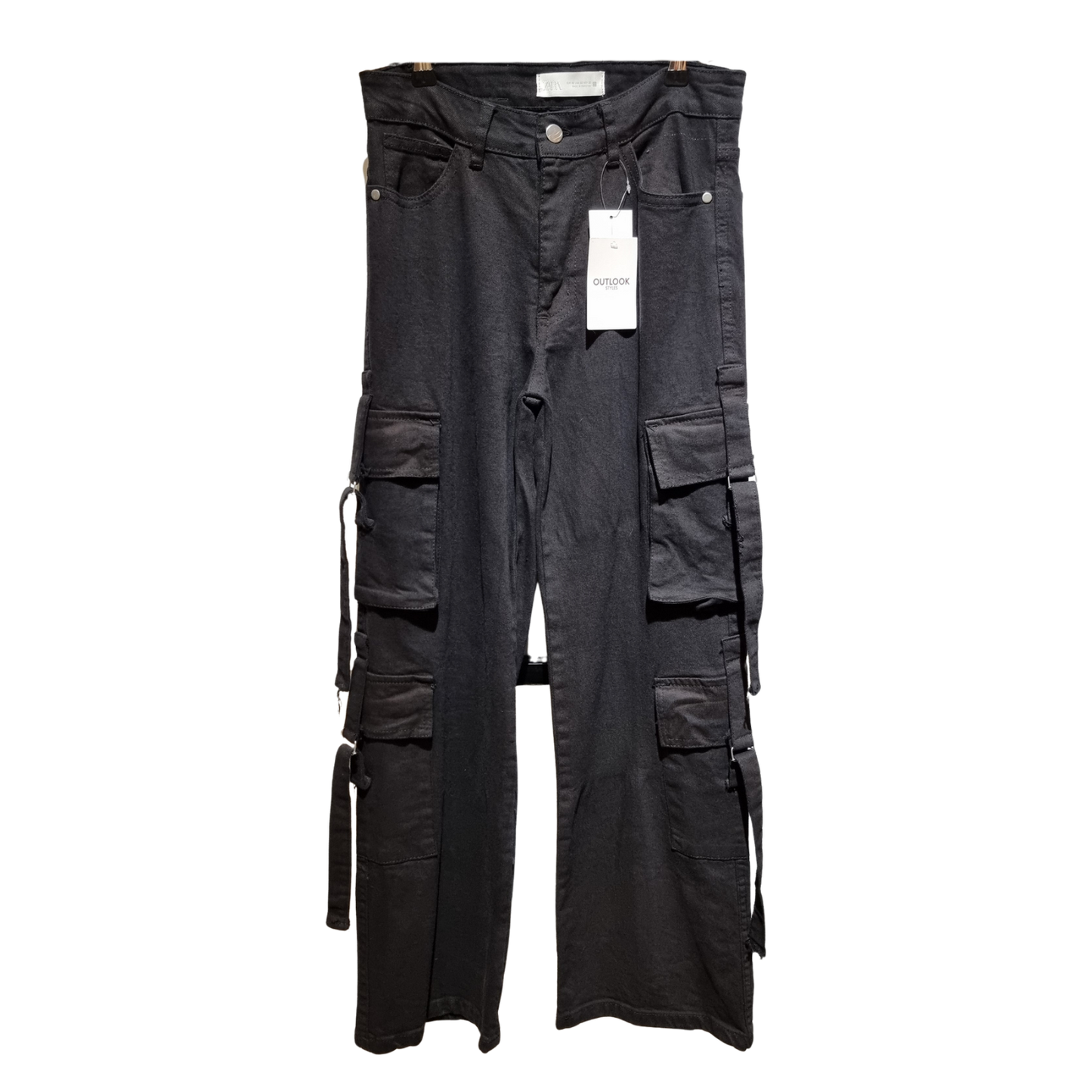 Women’s Black Cargo Denim Jeans – High Waist Wide Leg Street Style Pants U(0307)