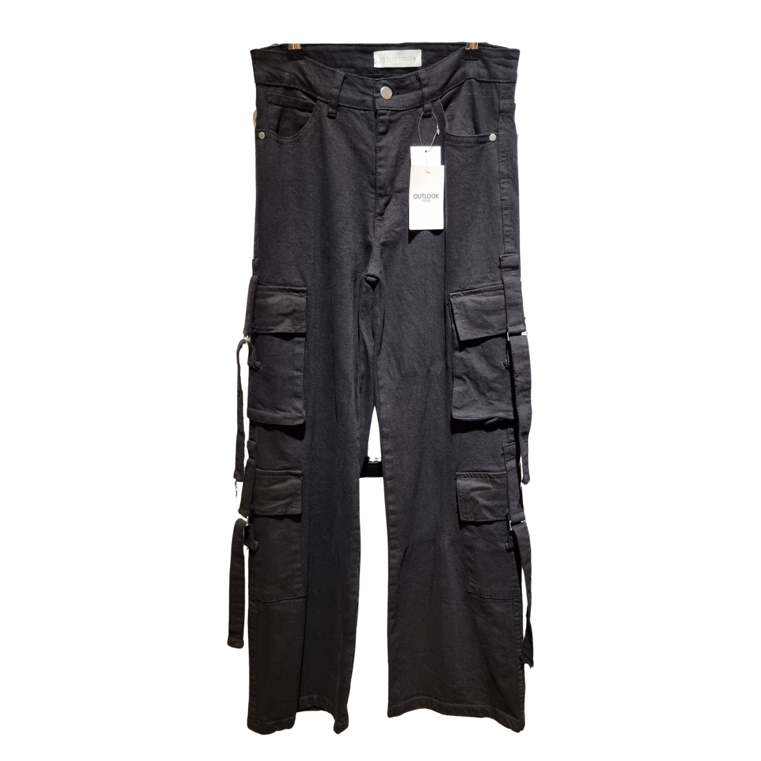 Women’s Black Cargo Denim Jeans – High Waist Wide Leg Street Style Pants U(0307)