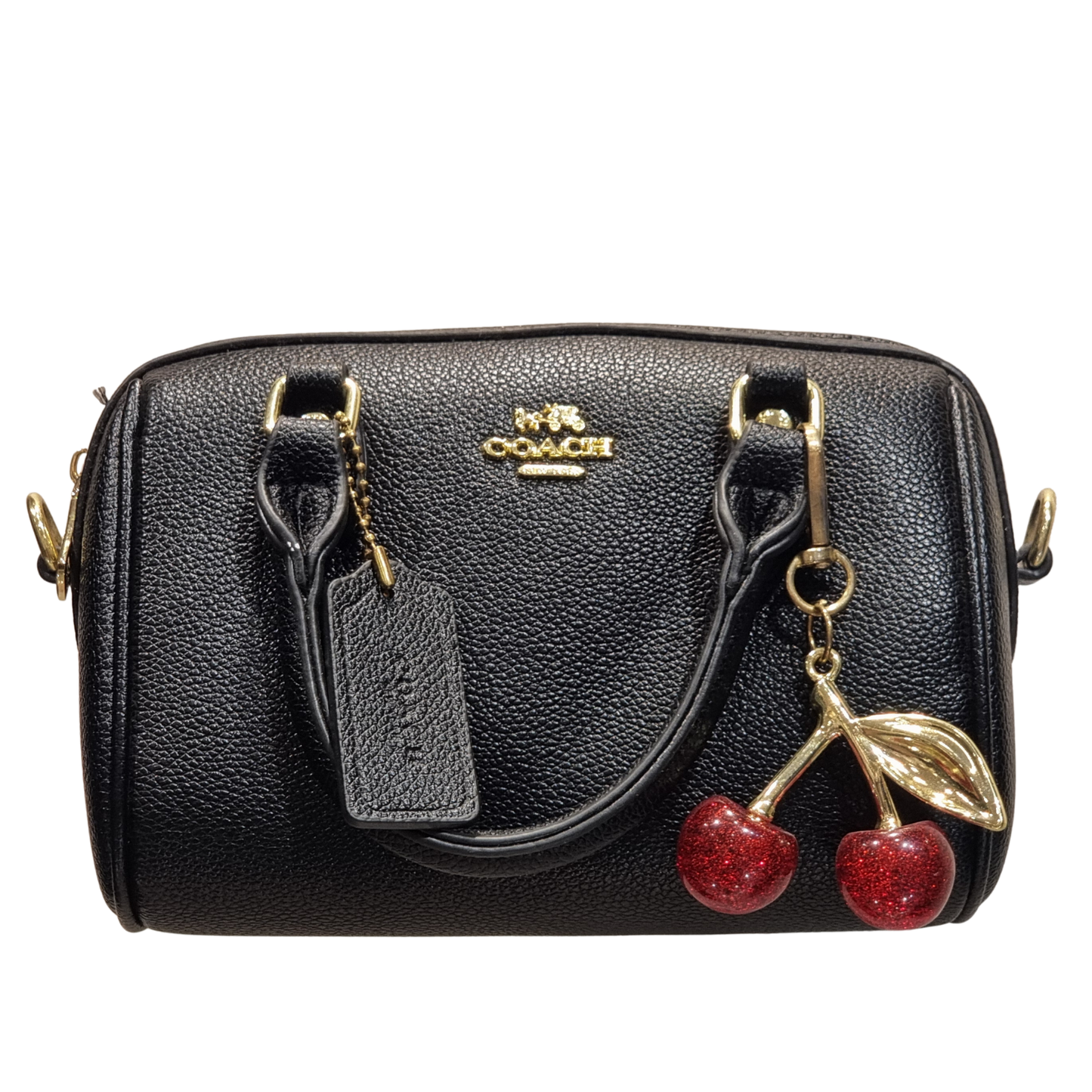 Coach Black Pebble Leather Mini Satchel Crossbody Bag with Cherry Charm
