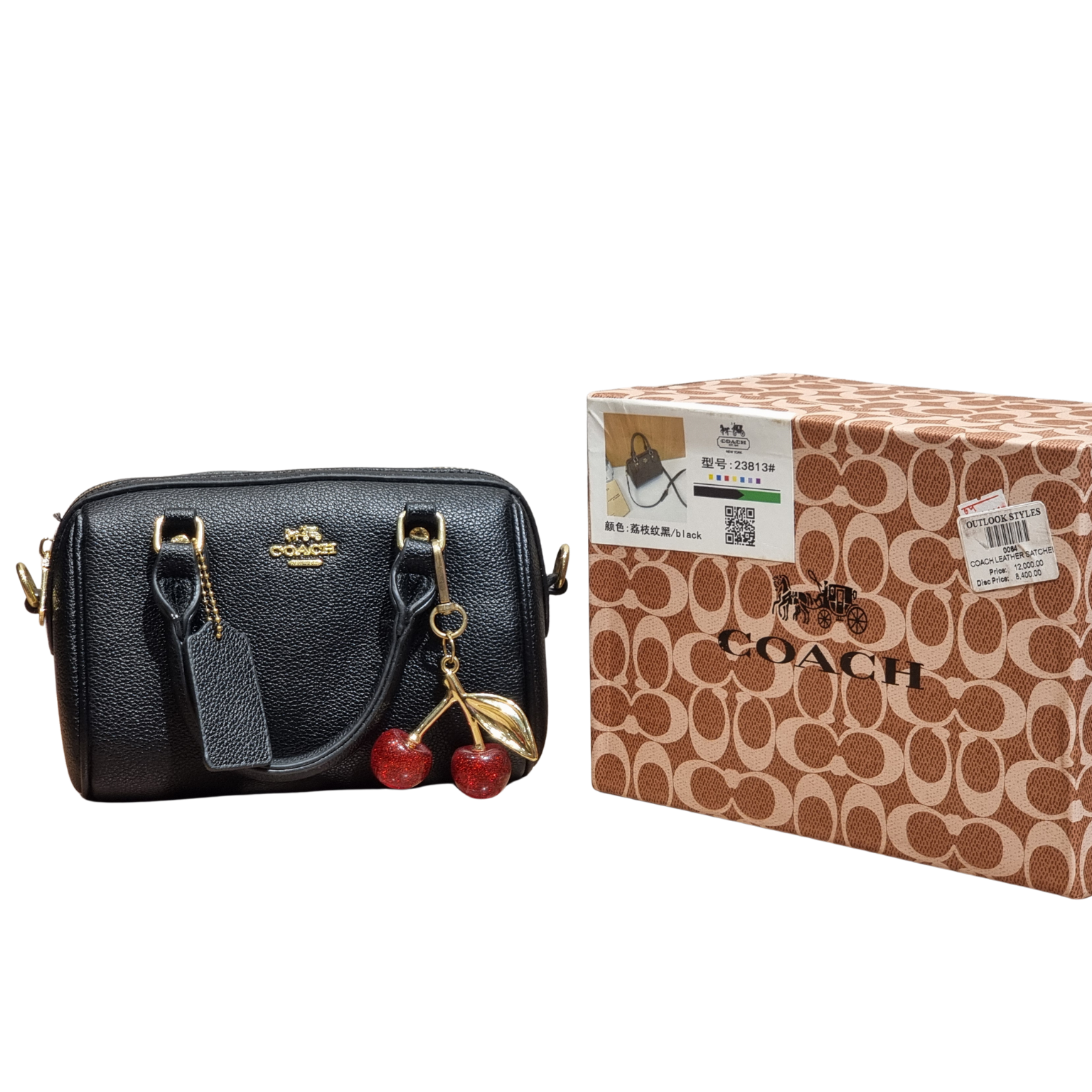 Coach Black Pebble Leather Mini Satchel Crossbody Bag with Cherry Charm