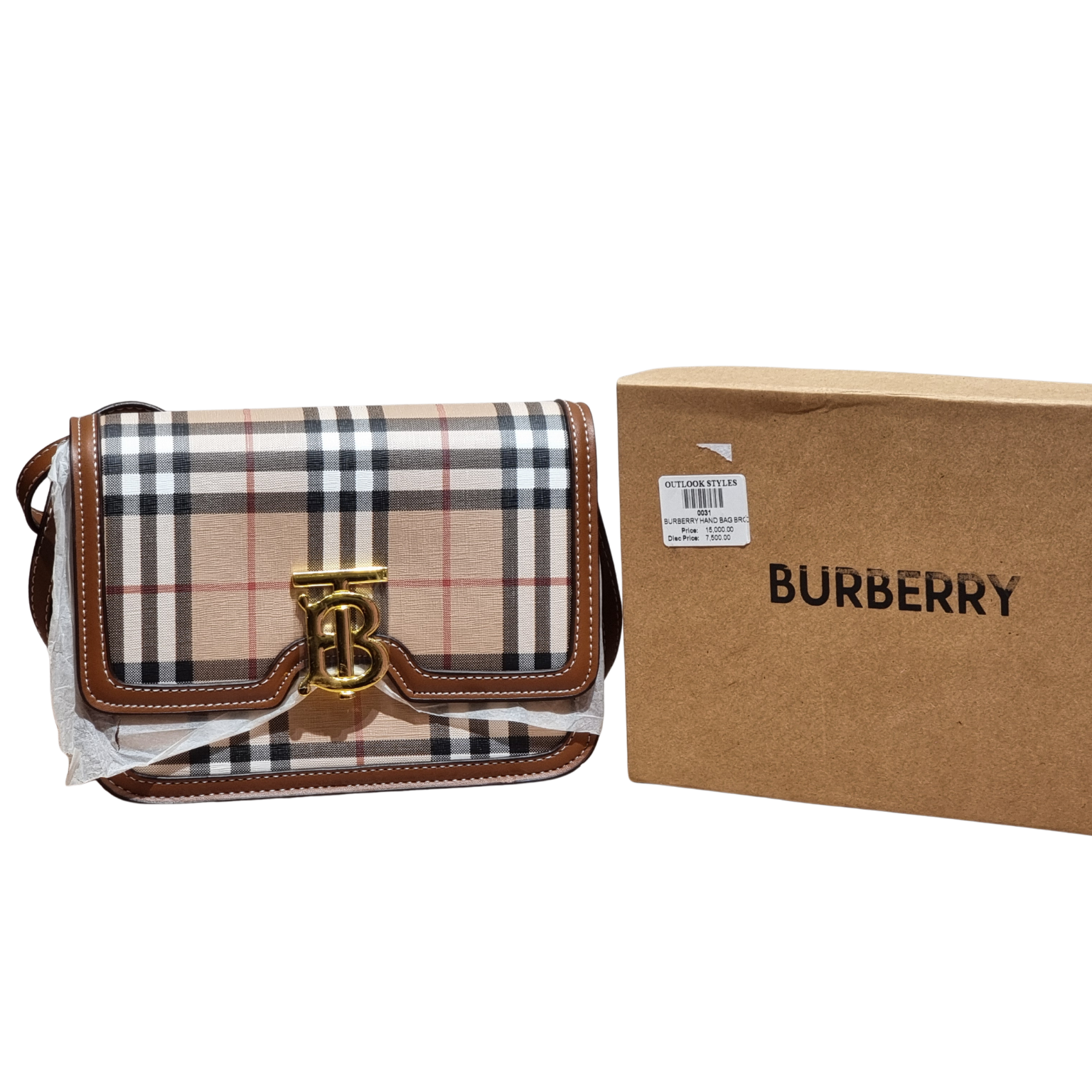 Burberry Smooth Leather TB Monogram Flap Bag with Gold Hardware