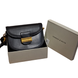 Charles & Keith Black Smooth Saddle Crossbody Bag with Gold Hardware