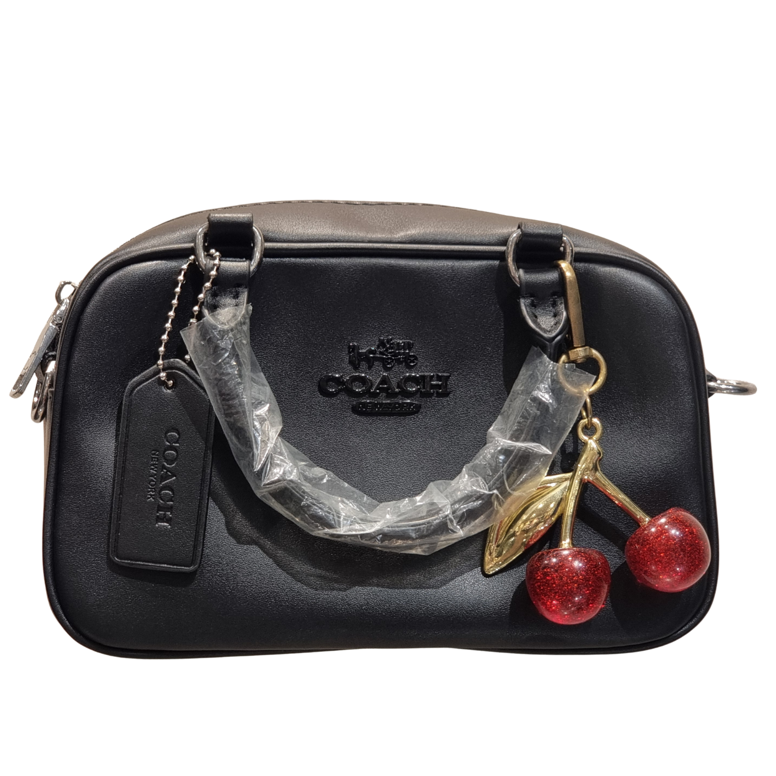 Coach Rowan File Bag in Black Leather with Glitter Cherry Bag Charm