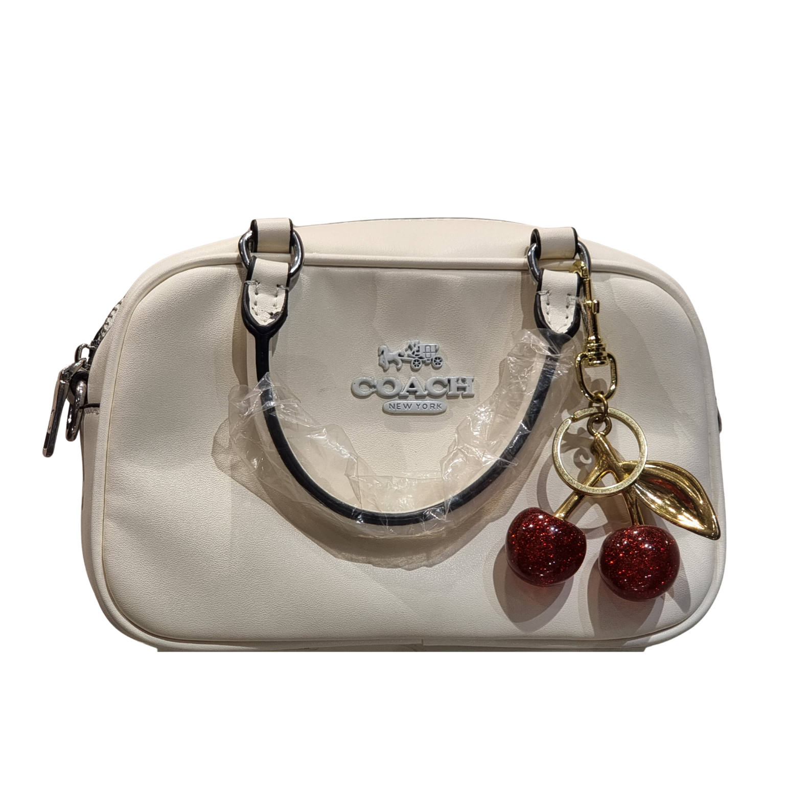 Coach Rowan File Bag in Black Leather with Glitter Cherry Bag Charm