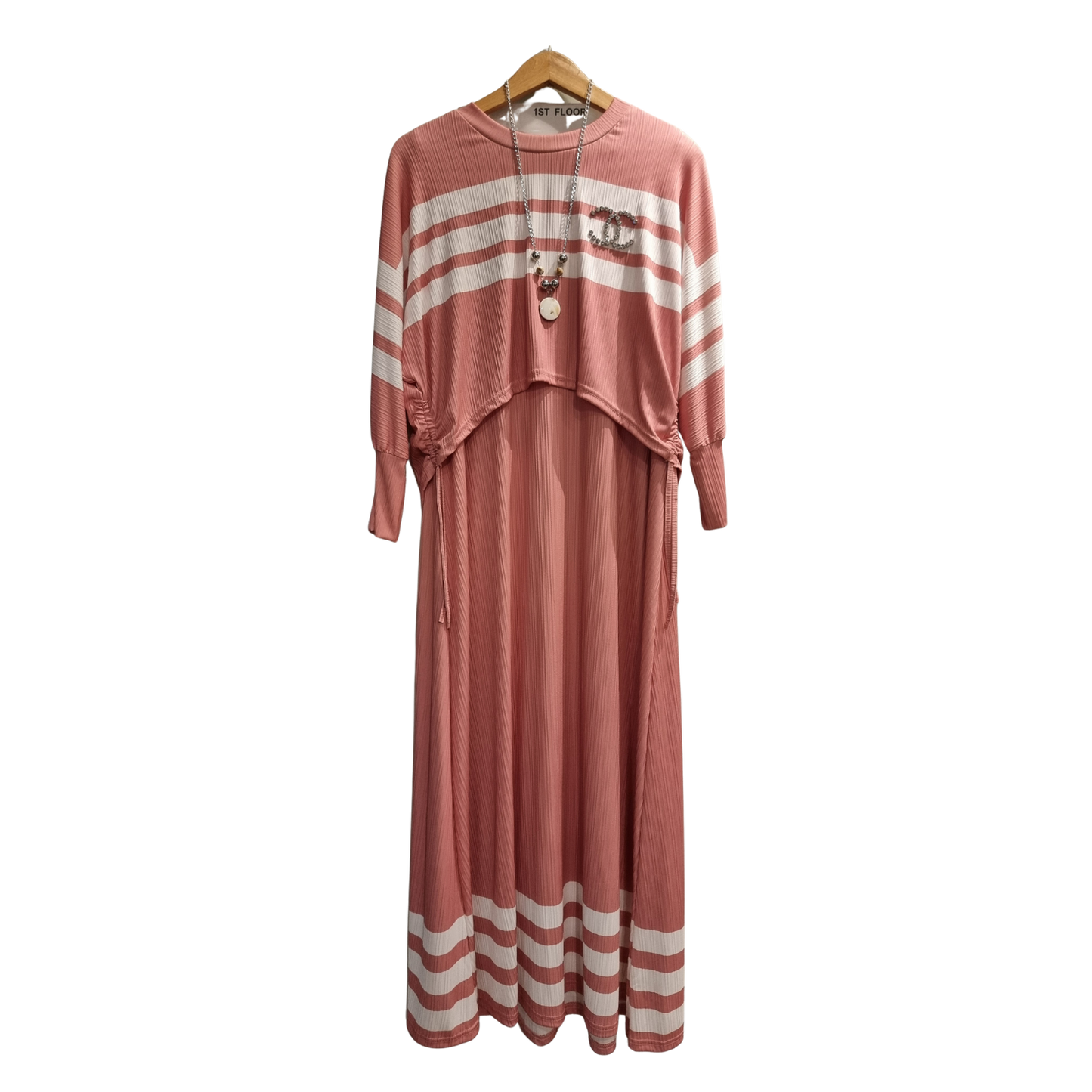 Elegant Blush Pink Striped Maxi Dress – Modest Casual Long Dress for Women U(0283)