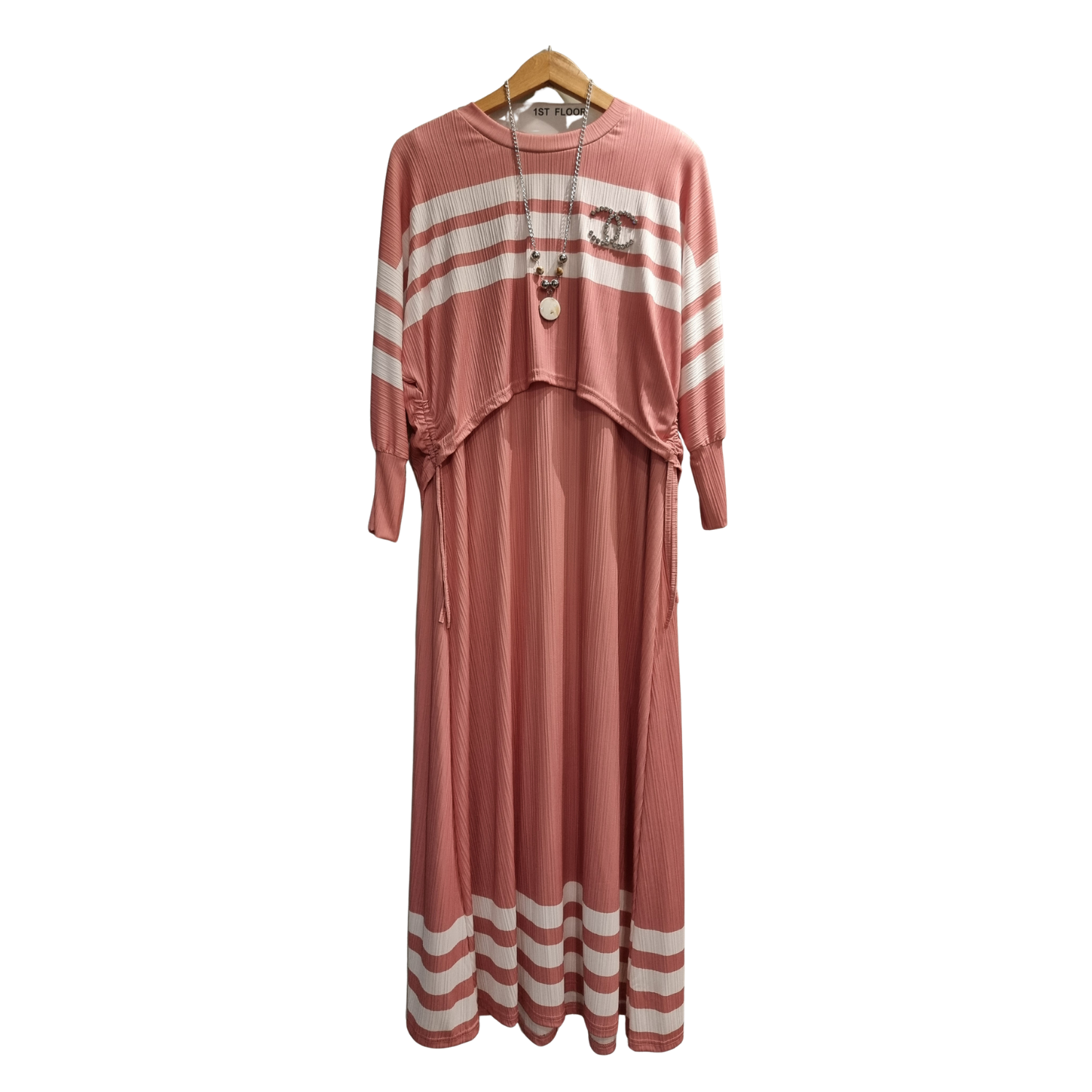 Elegant Blush Pink Striped Maxi Dress – Modest Casual Long Dress for Women U(0283)