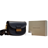 Charles & Keith Black Smooth Saddle Crossbody Bag with Gold Hardware