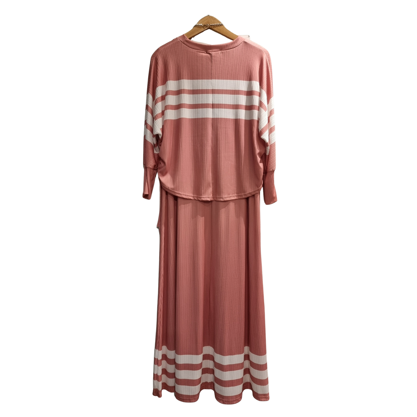 Elegant Blush Pink Striped Maxi Dress – Modest Casual Long Dress for Women U(0283)