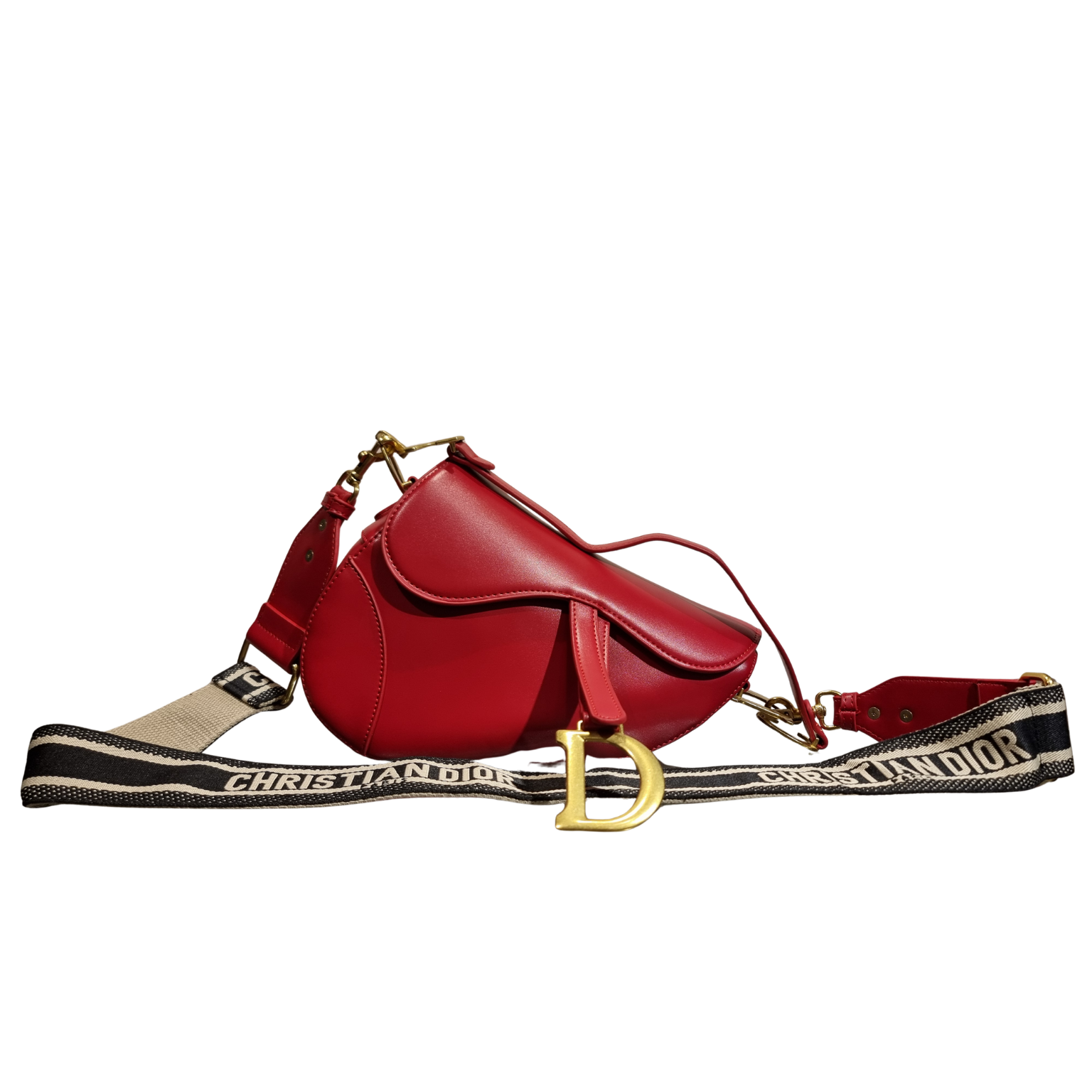 Christian Dior Red Smooth Calfskin Leather Saddle Bag with Embroidered Strap