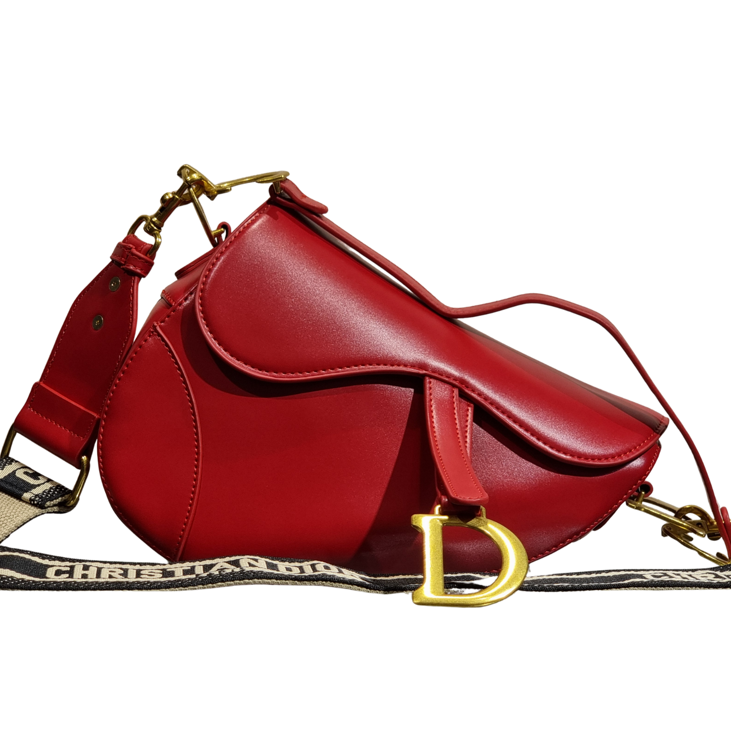Christian Dior Red Smooth Calfskin Leather Saddle Bag with Embroidered Strap