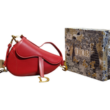 Christian Dior Red Smooth Calfskin Leather Saddle Bag with Embroidered Strap
