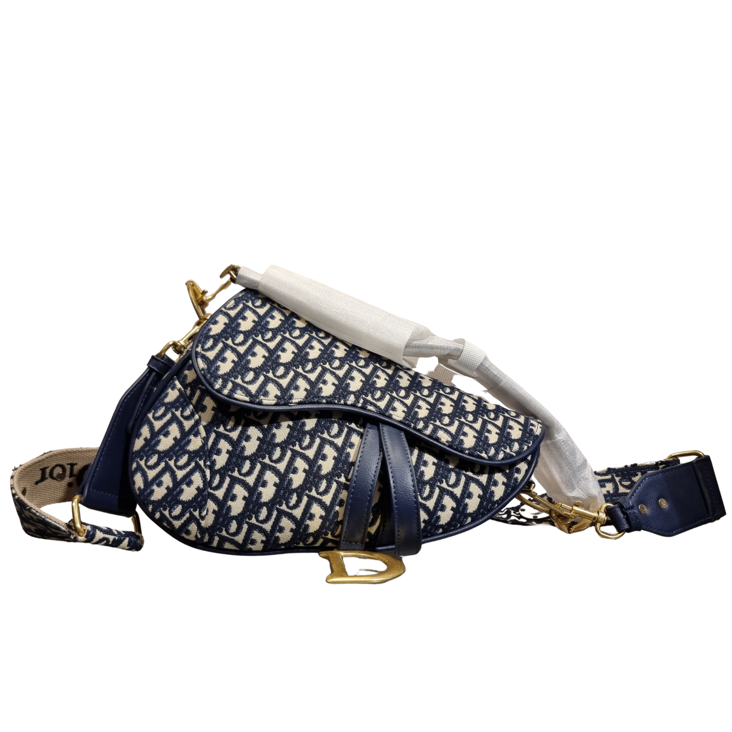 Christian Dior Navy Blue Oblique Jacquard Saddle Bag with Wide Strap