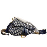 Christian Dior Navy Blue Oblique Jacquard Saddle Bag with Wide Strap