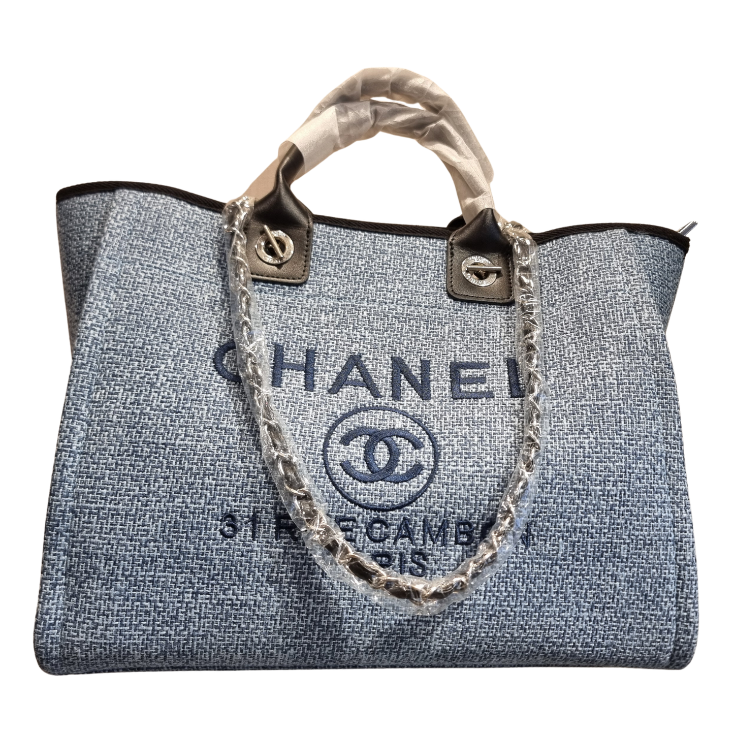 Chanel Large Deauville Tote Blue Mixed Fibers Canvas with Silver Hardware