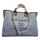 Chanel Large Deauville Tote Blue Mixed Fibers Canvas with Silver Hardware