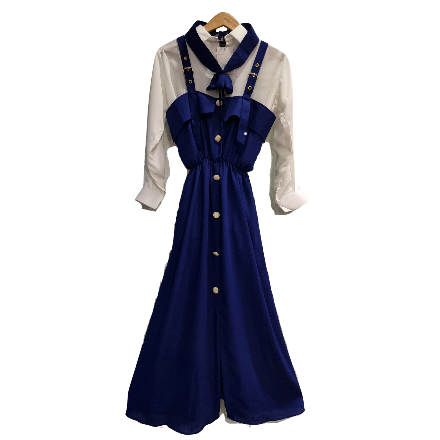 Premium Bow Collar Long Shacket Dress – Adjustable Strap Elegant Midi Dress Set U(0290)