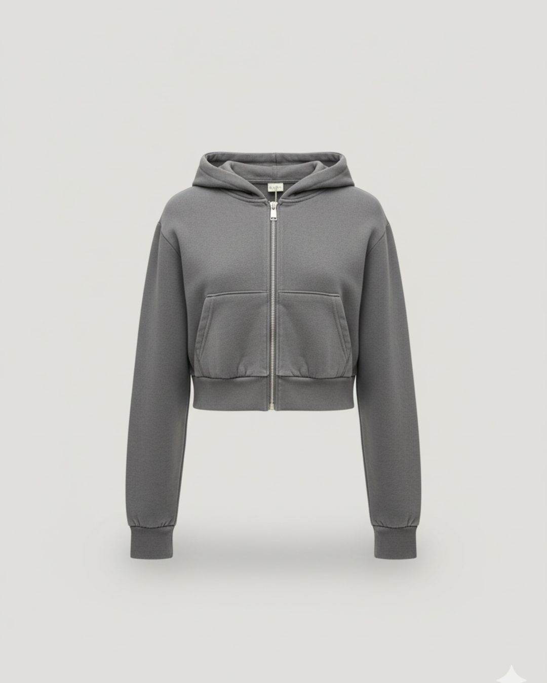 Grey Solid Cropped Zip-Up Hoodie
