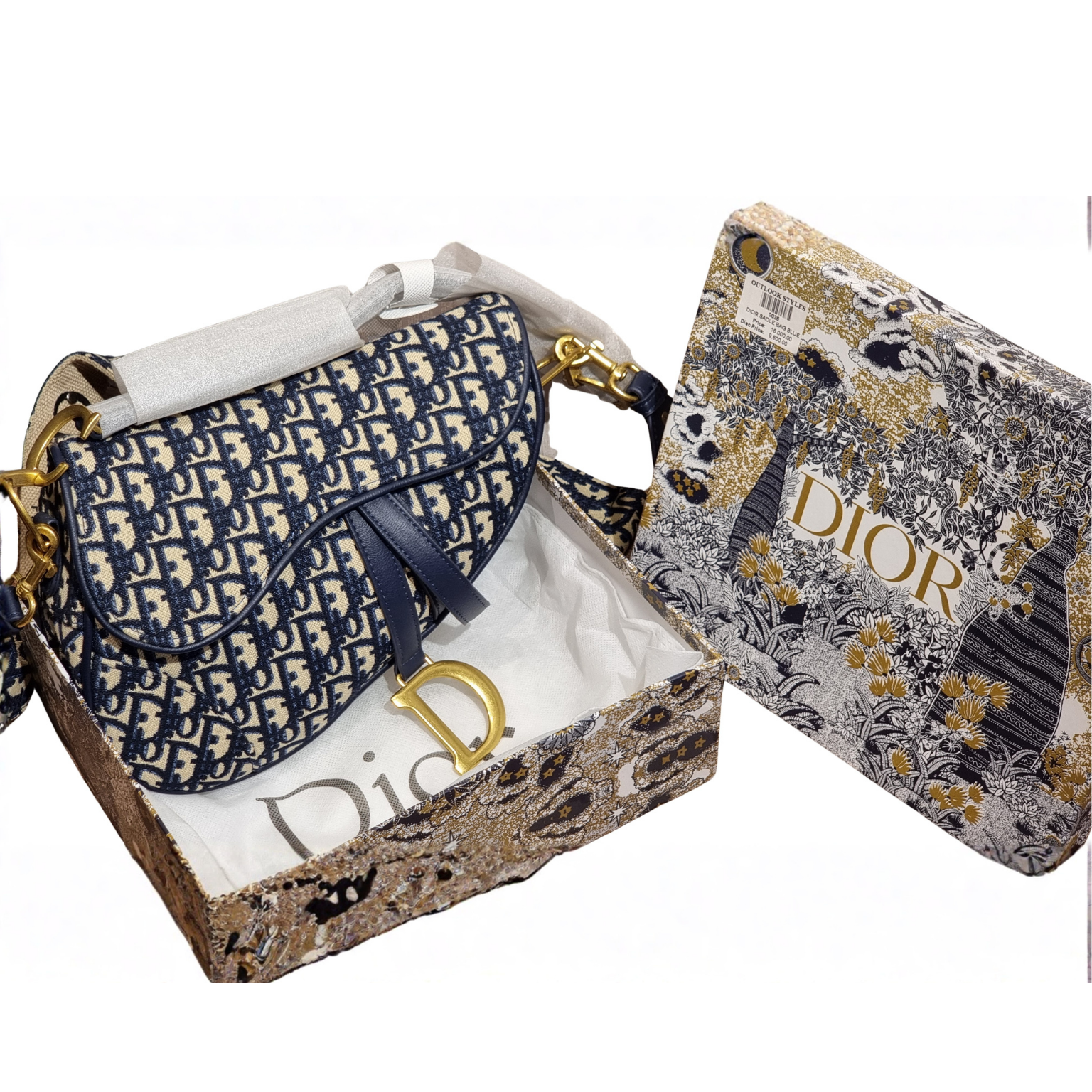 Christian Dior Navy Blue Oblique Jacquard Saddle Bag with Wide Strap