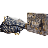 Christian Dior Navy Blue Oblique Jacquard Saddle Bag with Wide Strap