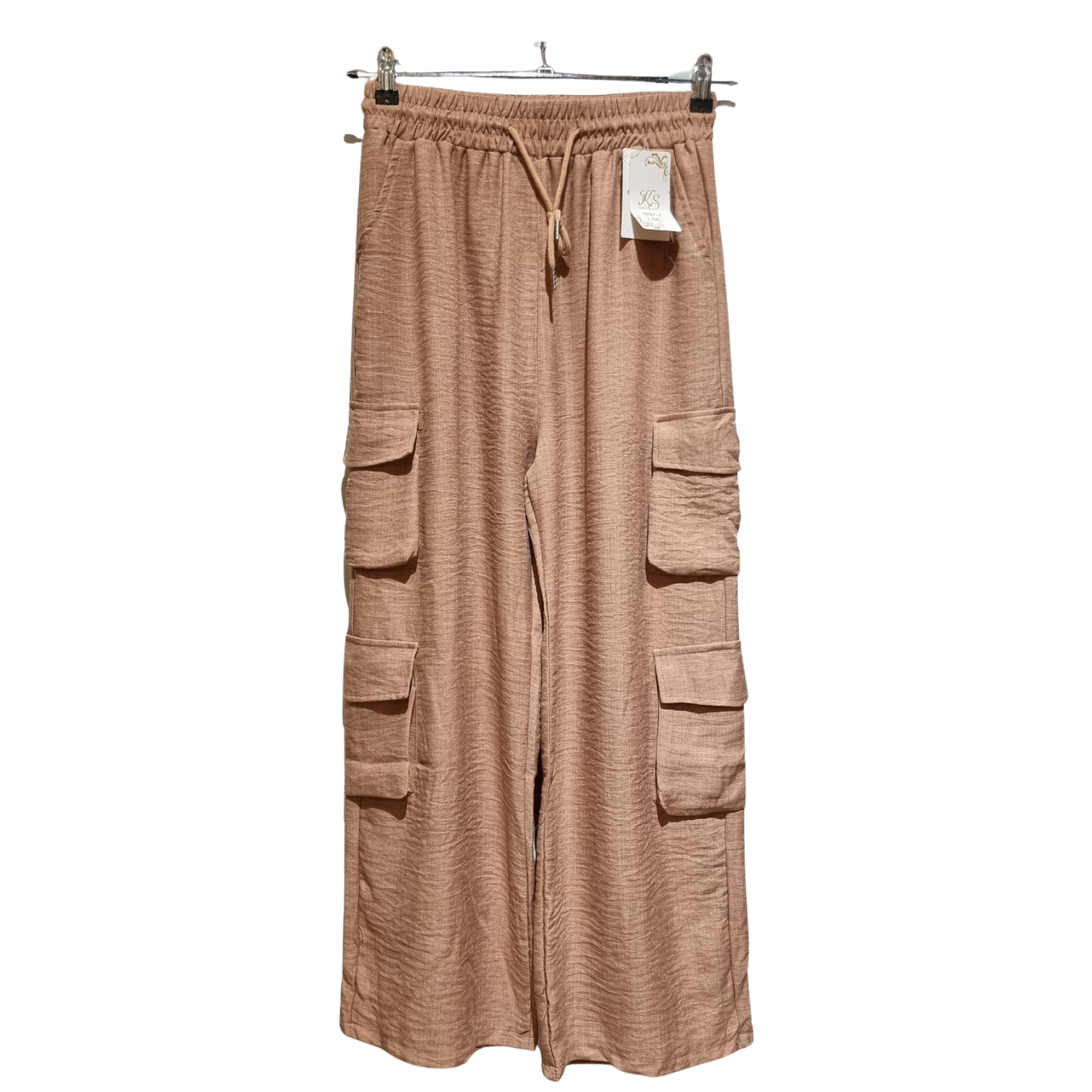 Women’s Linen Blend Cargo Pants – Casual Wide Leg Drawstring Trousers with Utility Pockets U(0267)