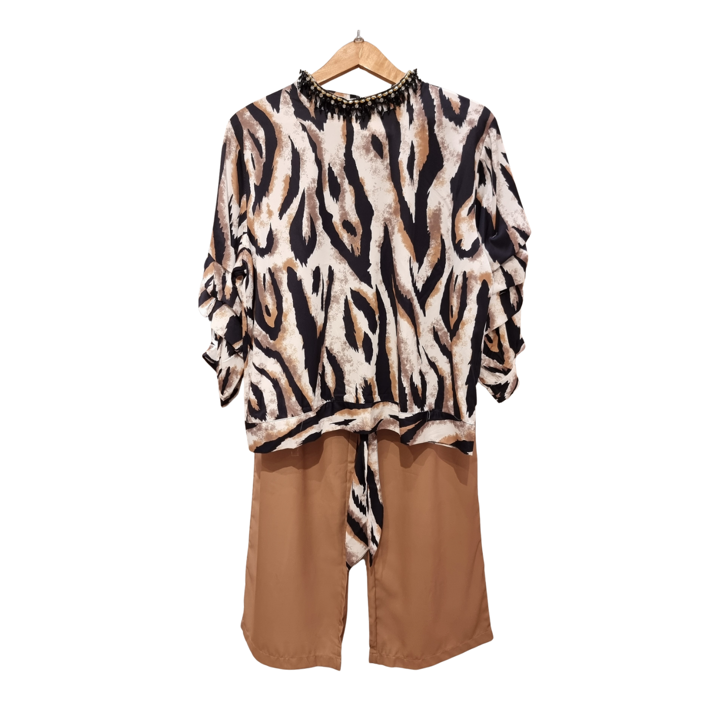 Serengeti Print Ruffle Top & Mocha Wide-Leg Trouser Set