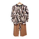 Serengeti Print Ruffle Top & Mocha Wide-Leg Trouser Set