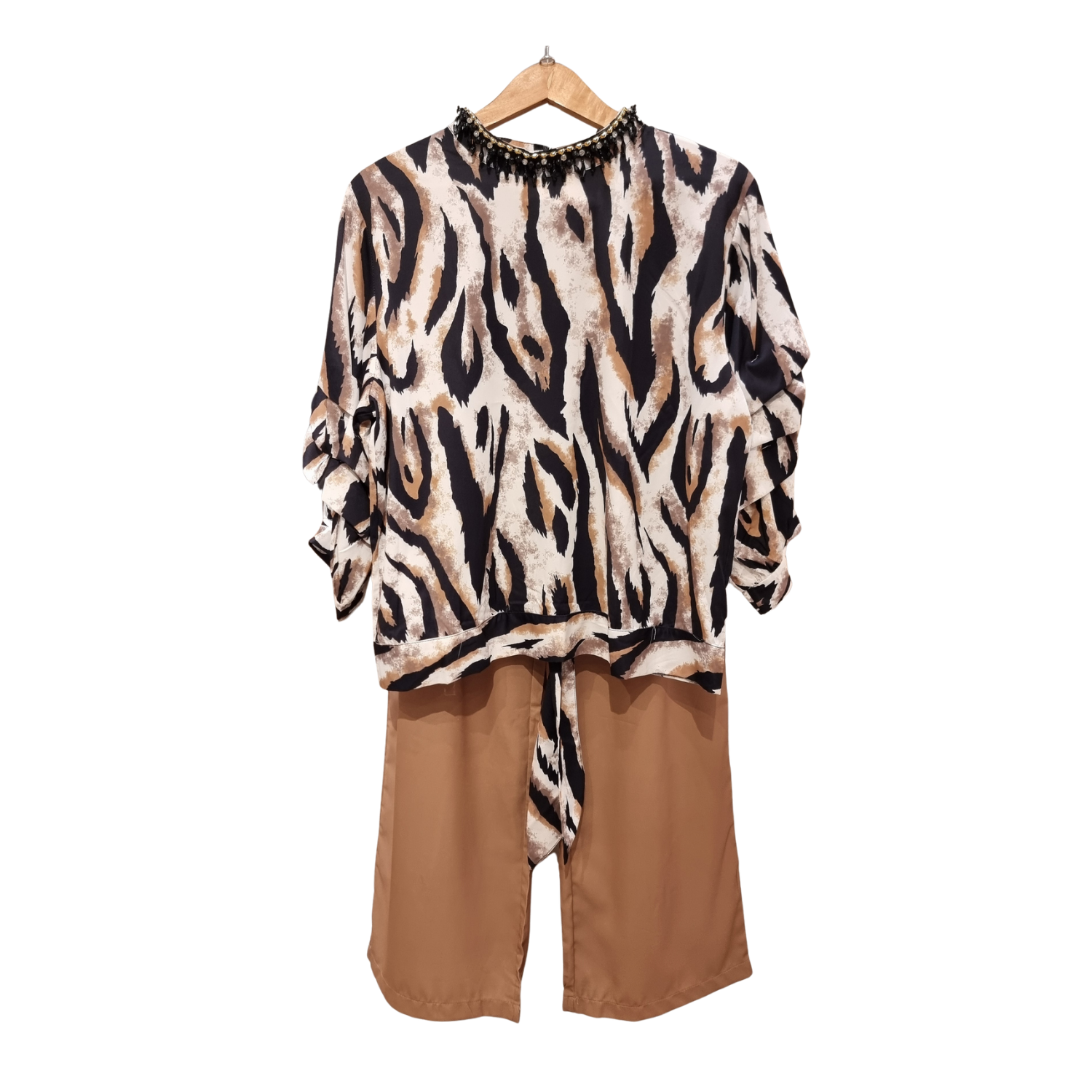Serengeti Print Ruffle Top & Mocha Wide-Leg Trouser Set