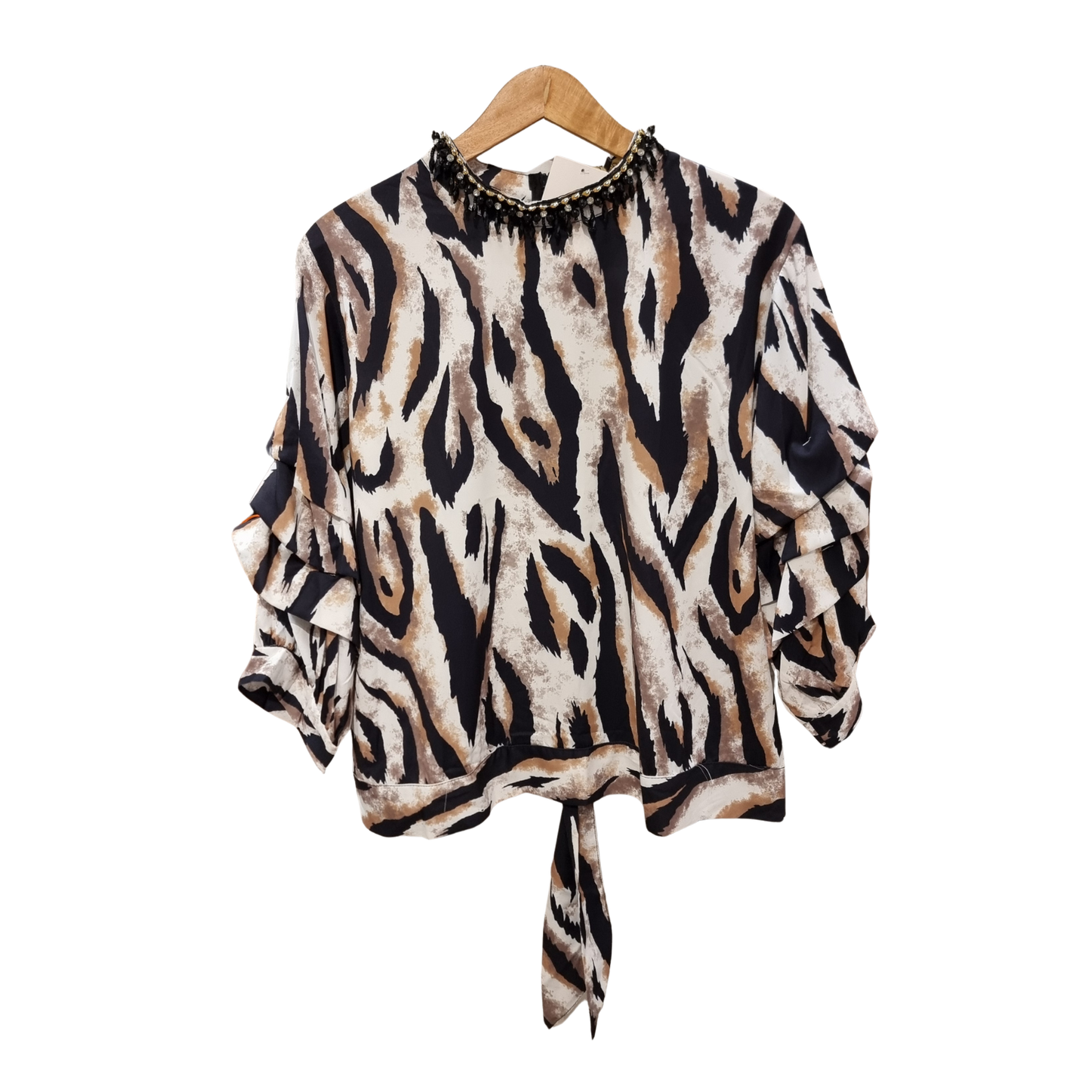 Serengeti Print Ruffle Top & Mocha Wide-Leg Trouser Set