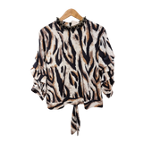 Serengeti Print Ruffle Top & Mocha Wide-Leg Trouser Set