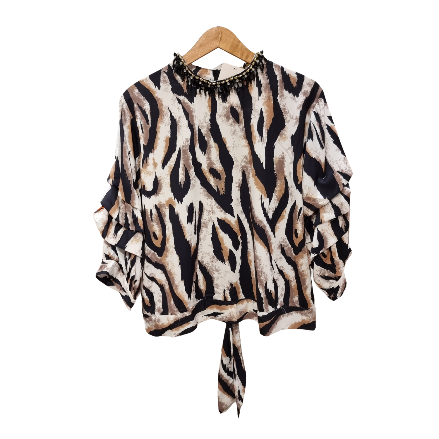 Serengeti Print Ruffle Top & Mocha Wide-Leg Trouser Set