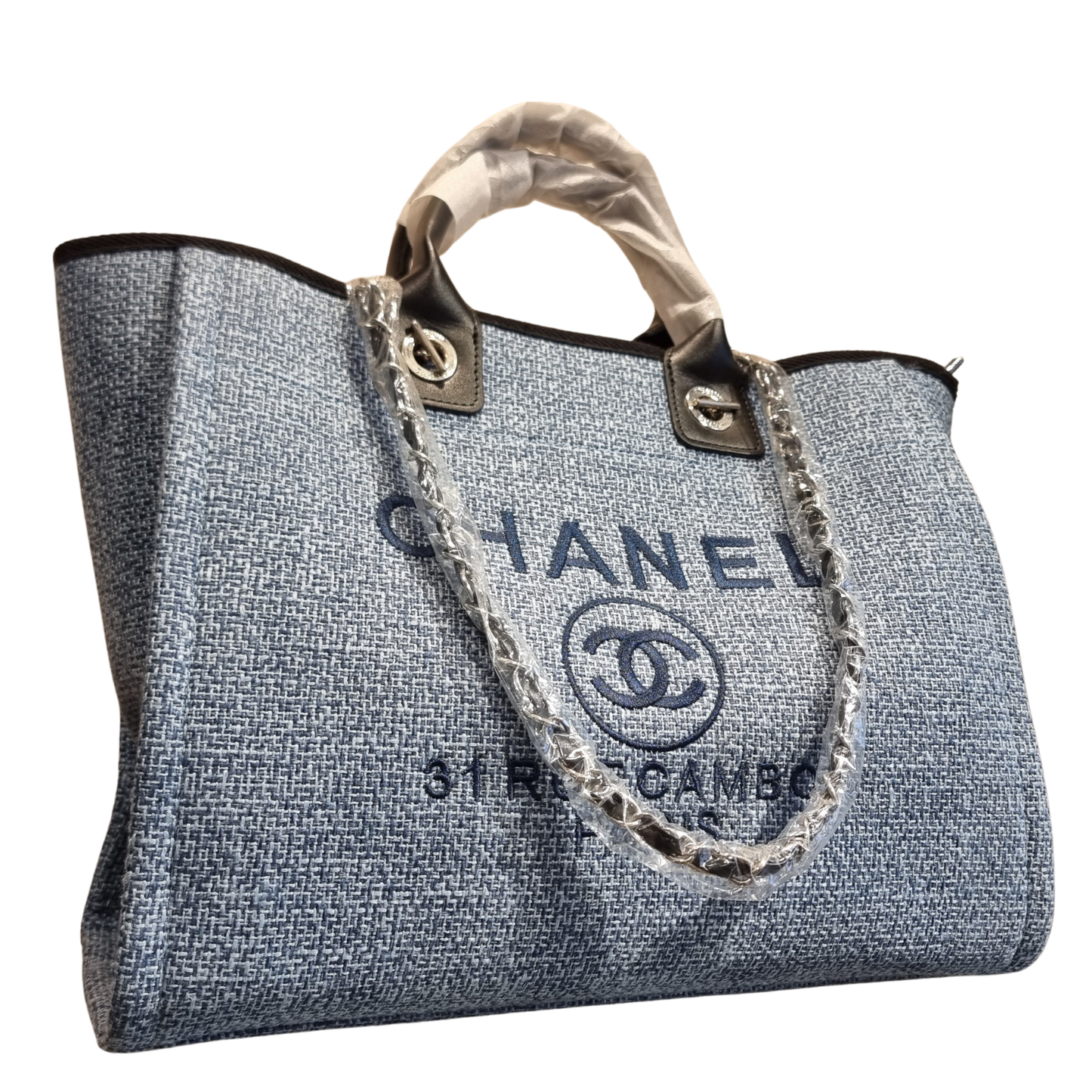 Chanel Large Deauville Tote Blue Mixed Fibers Canvas with Silver Hardware