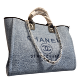 Chanel Large Deauville Tote Blue Mixed Fibers Canvas with Silver Hardware