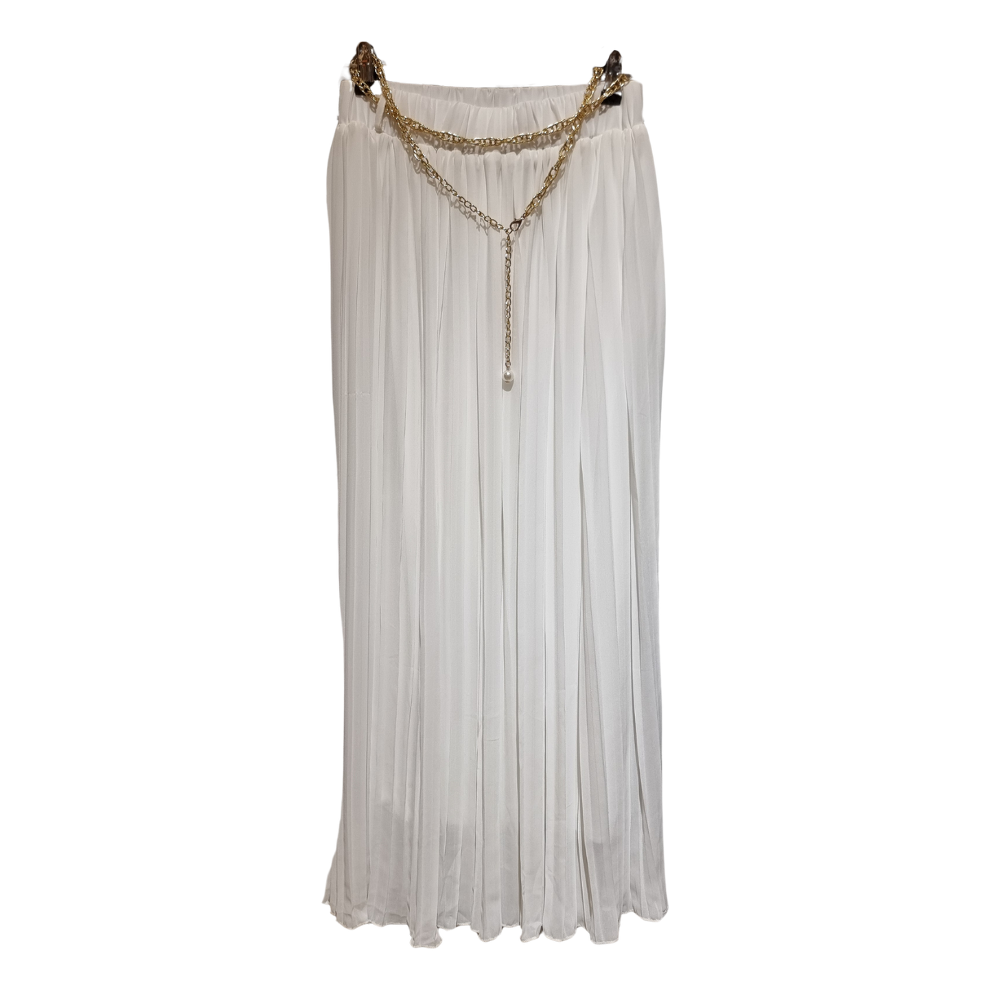 Ivory Grace Pleated Maxi Skirt with Gold Chain Detail ( U0262 )